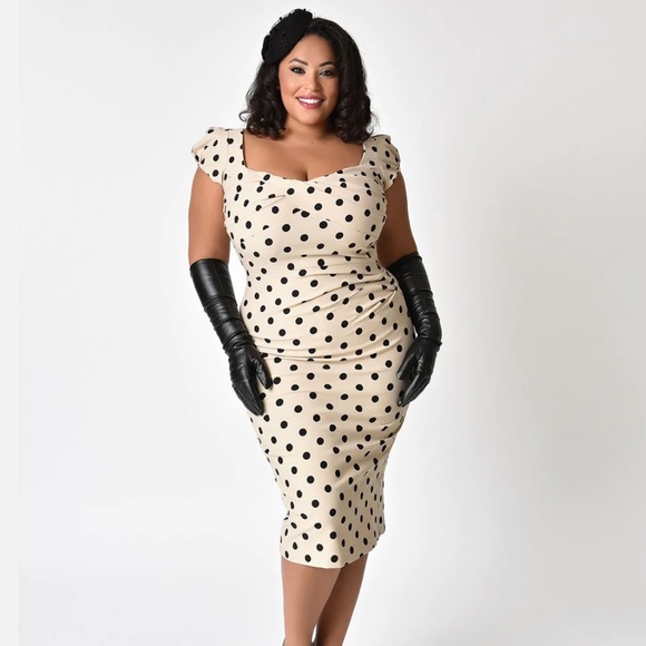 Stop Staring Dresses & Skirts - Stop Staring! Billion Dollar Baby Wiggle Dress in Tan Polka Dot - Size Large